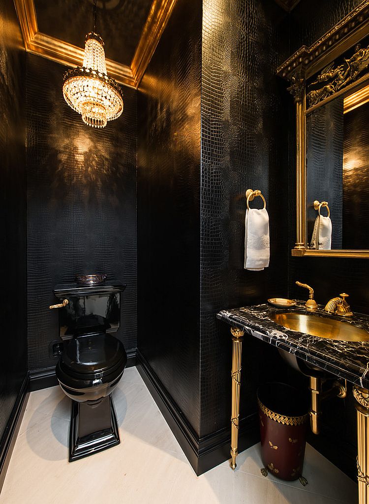 Traditional powder room in gold and black [Design: M. Wright Design]