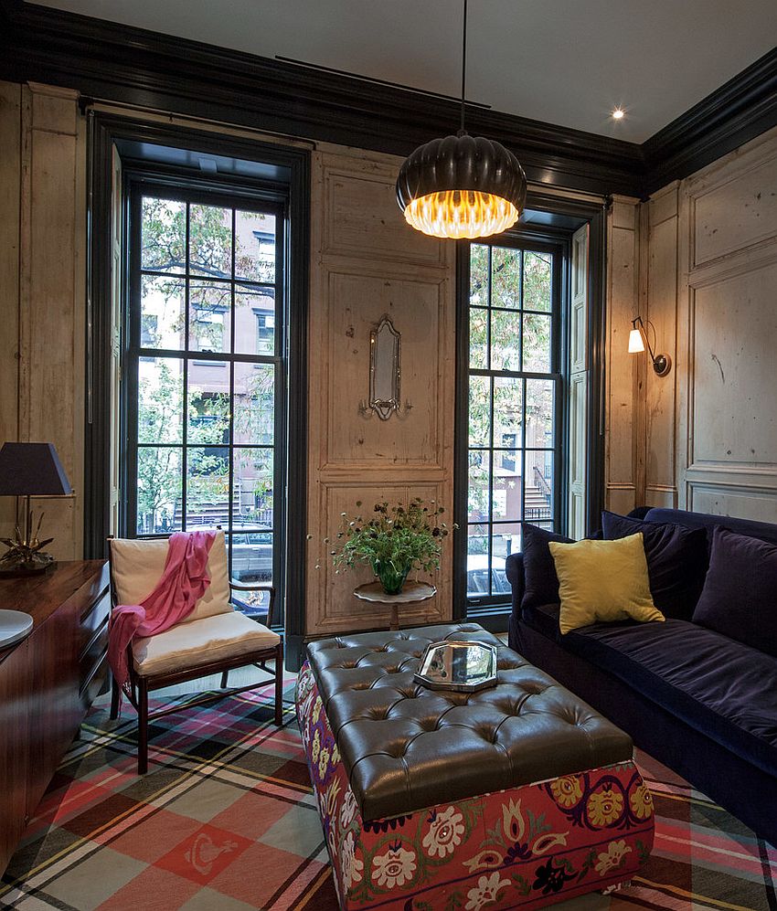 Transitional living room with tufted ottoman