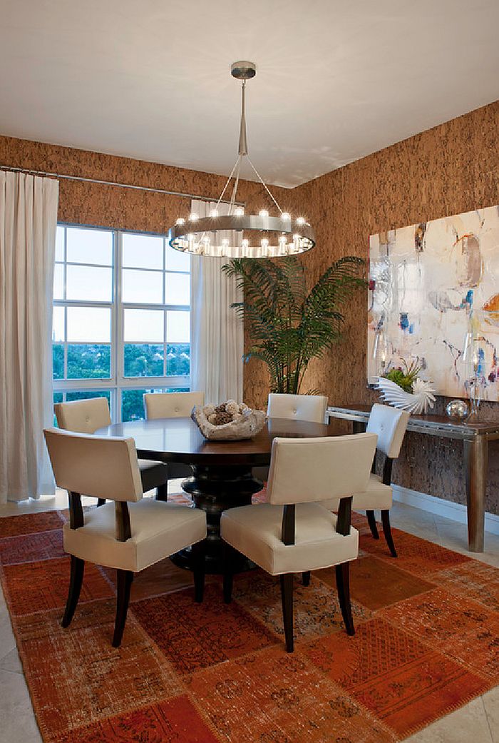 Unique wallpaper brings the texture of cork to the dining room [Design: Garrison Hullinger Interior Design]