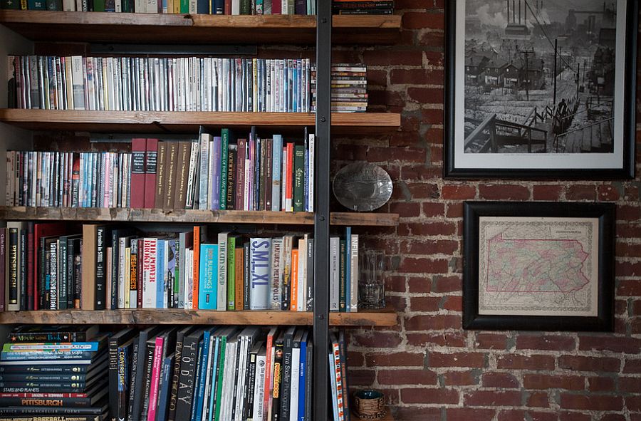 Use reclaimed wood to shape sleek shelves in the home office