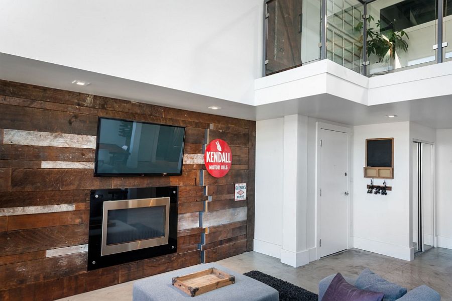 Vintage modern loft living room with wooden accent wall