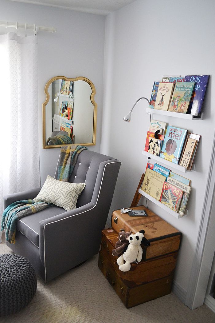 Vintage suitcases add a unique touch to the reading corner