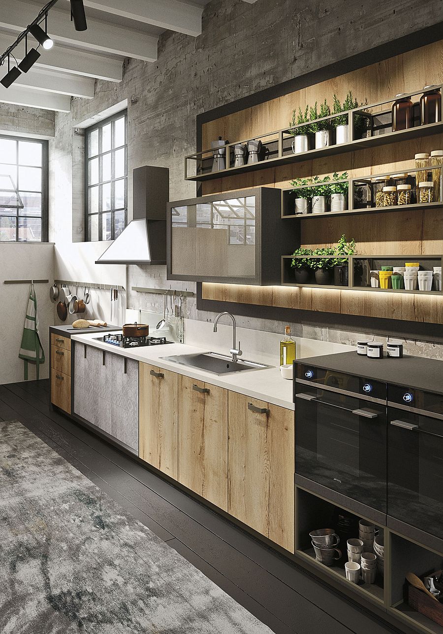 Wood, glass and metal shape the lovely Loft kitchen