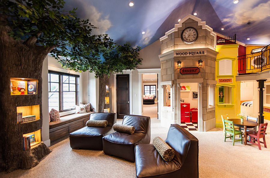 Amazing kids' room design with tree trunk shelves and painted ceiling [Design: Mountain Cabinetry]