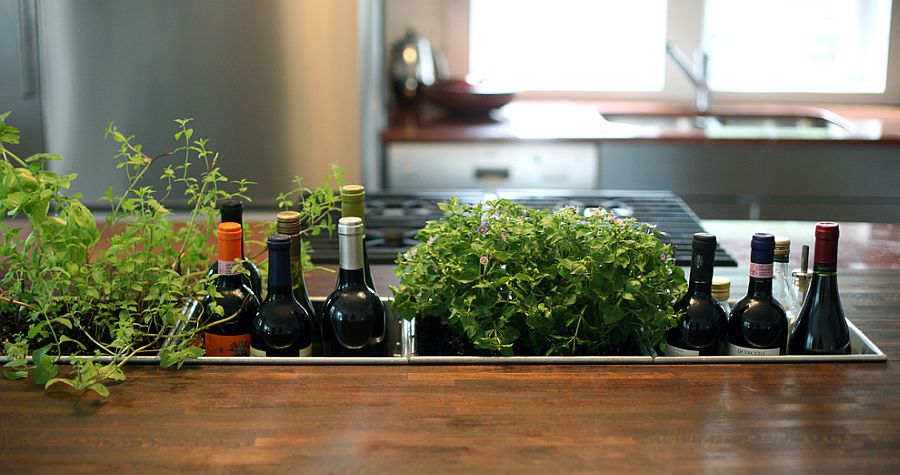 Awesome kitchen island combines the wine rack with herb garden