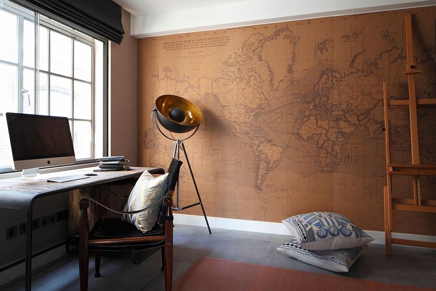 Beautiful home office design with a world map backdrop