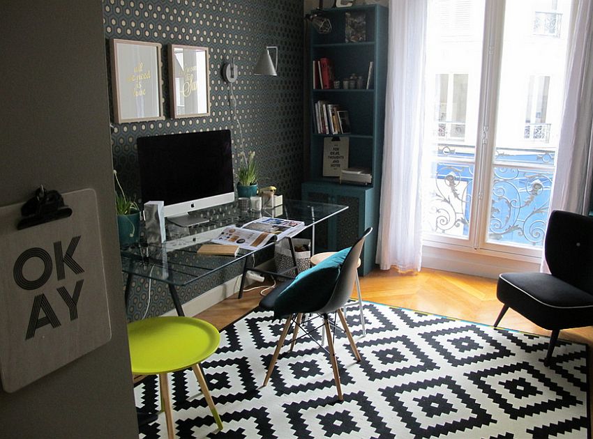 Black and white rug in the home office adds pattern to the room