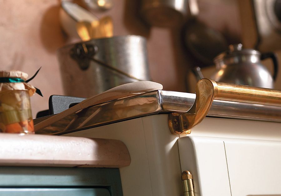 Brass and stainless steel features inside the country chic kitchen