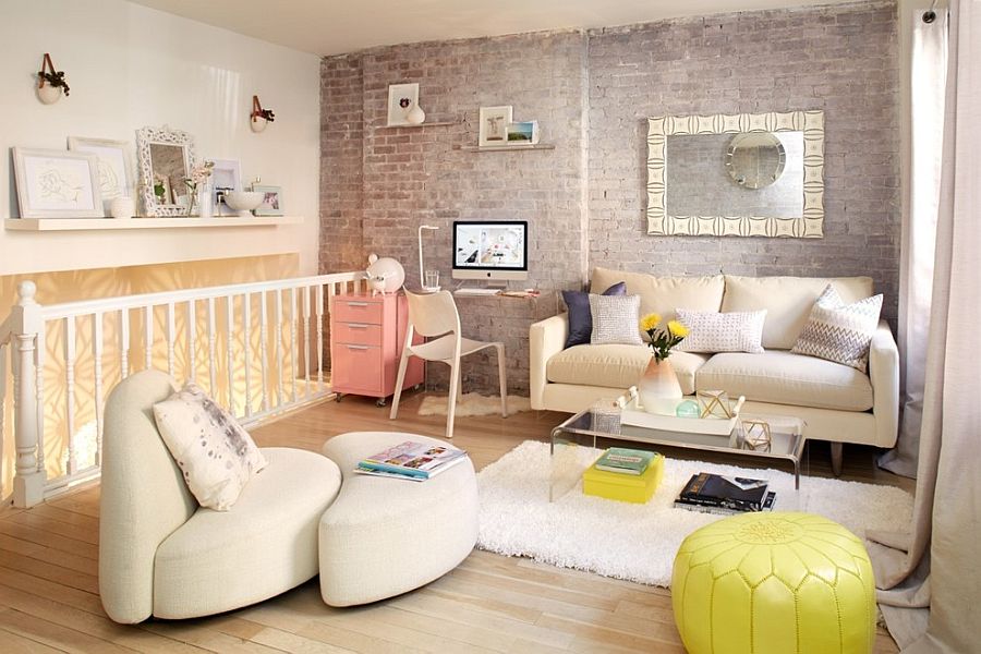 Brick living wall and decor in white and pastel hues for the shabby chic living room