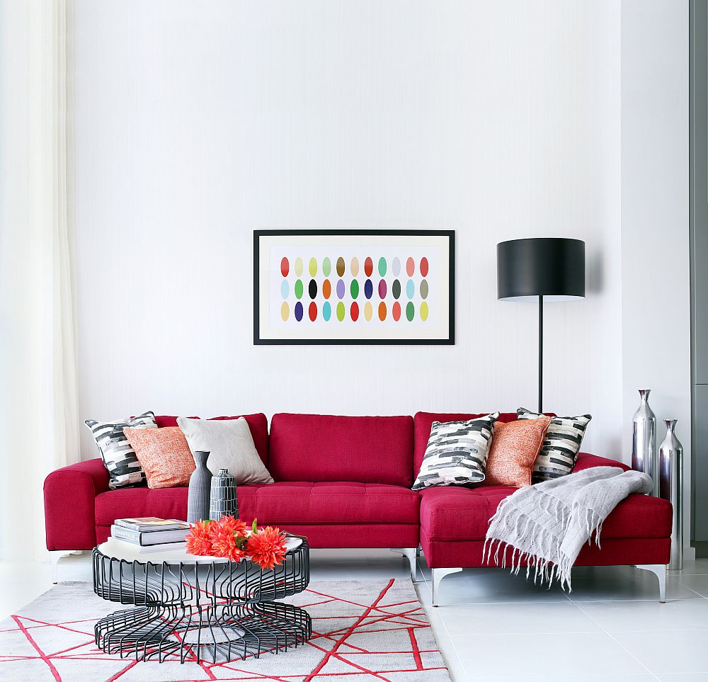 Bright red sectional enlovens the chic family living room