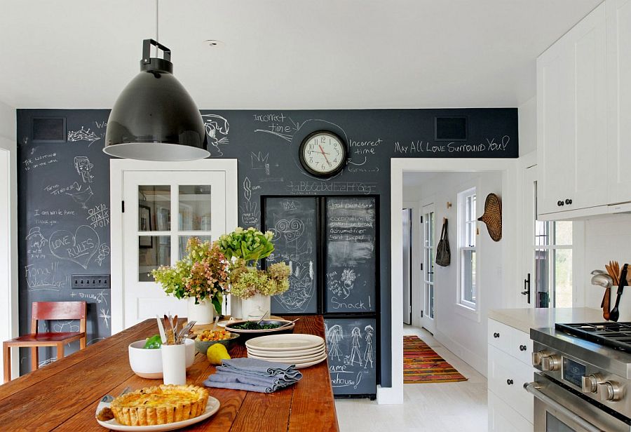 Chalkboard wall in the kitchen gives it a playful, modern twist
