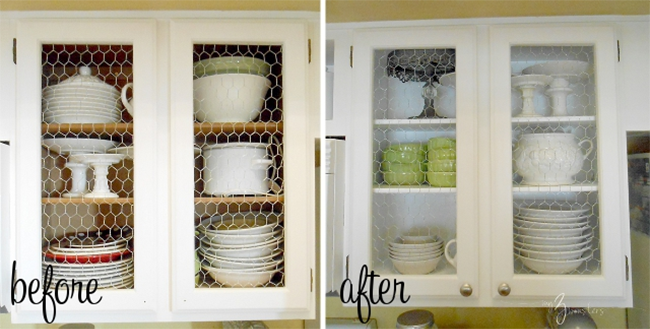 Chicken wire kitchen cabinet makeover before and after