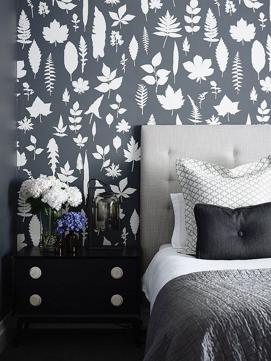 Contemporary bedroom with wallpaper and dark, moody look