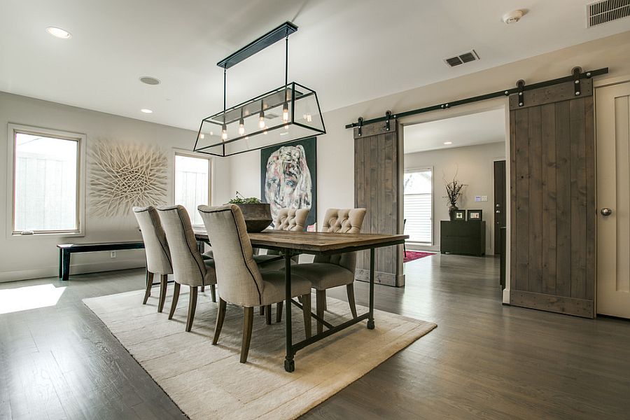 Contemporary farmhouse style shapes the formal dining room