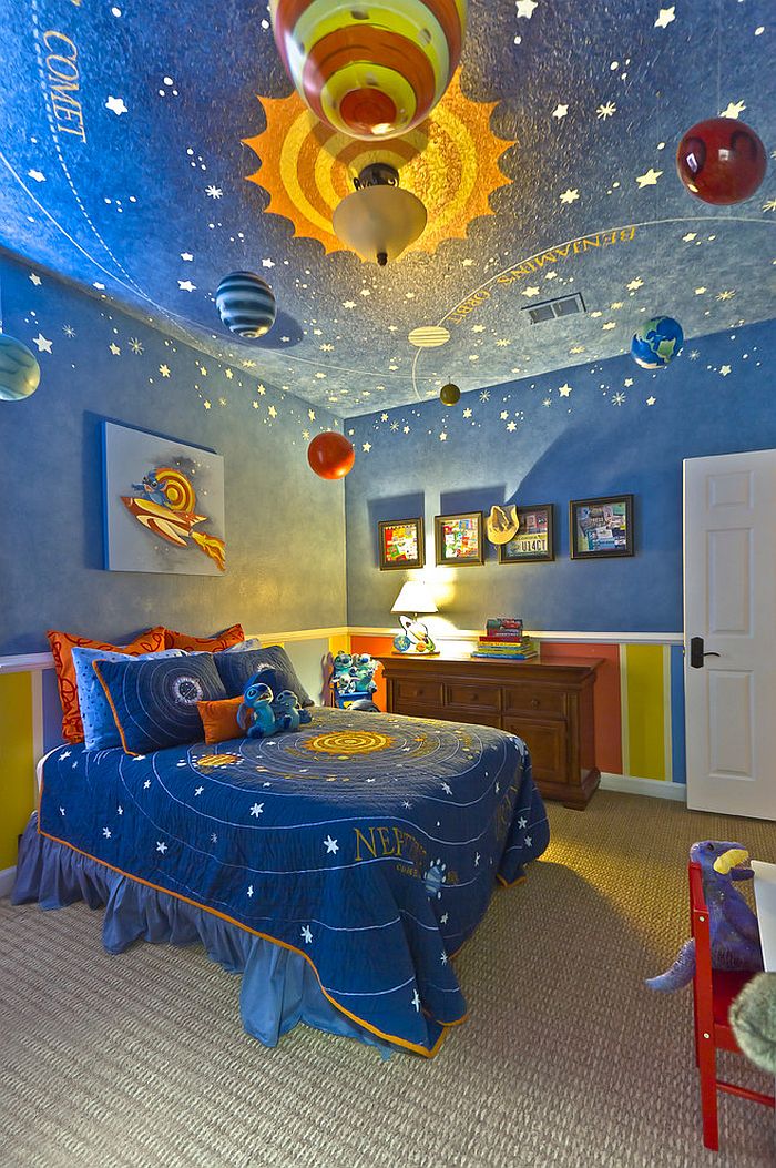 Contemporary kids' bedroom with hand-painted ceiling that brings the magic of night sky indoors