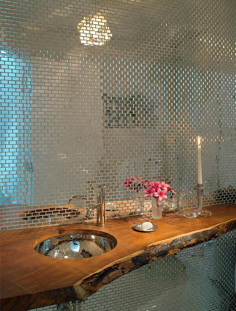 Custom tile backdrop and wooden counter in the powder room