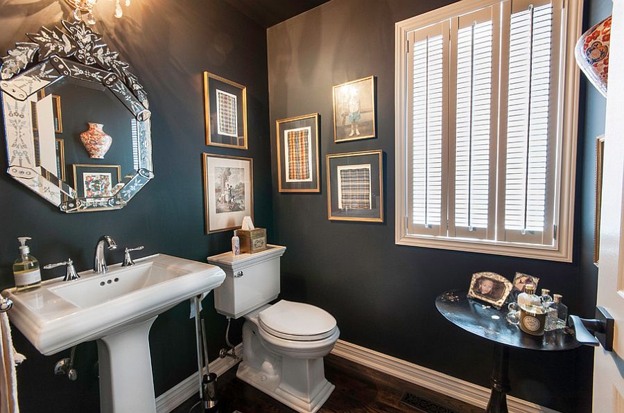 Decorate the powder room walls with framed art work [Design: Royal Home Improvements]