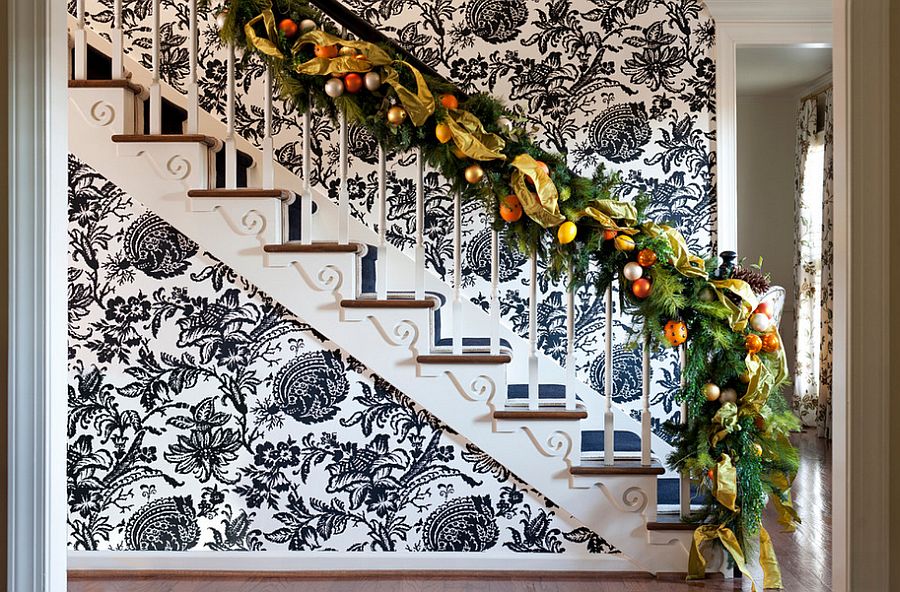 Eclectic and cheerful backdrop for the festive staircase