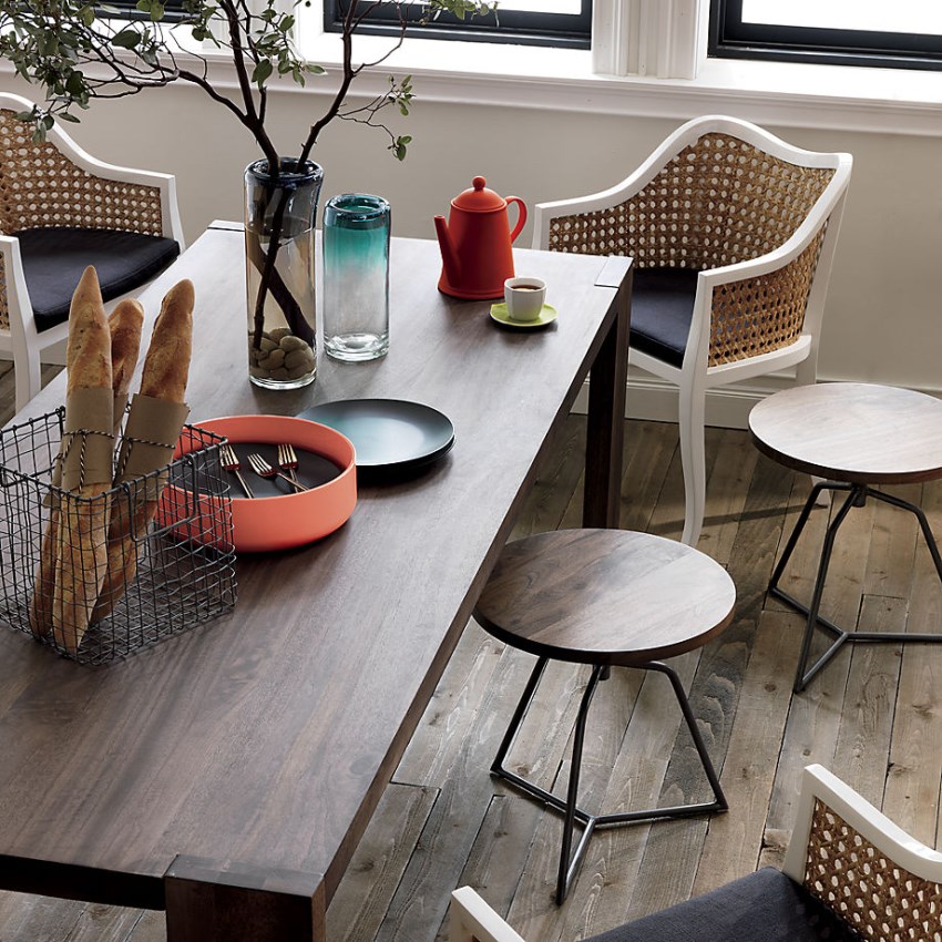 Eclectic dining room with wood and metal stools