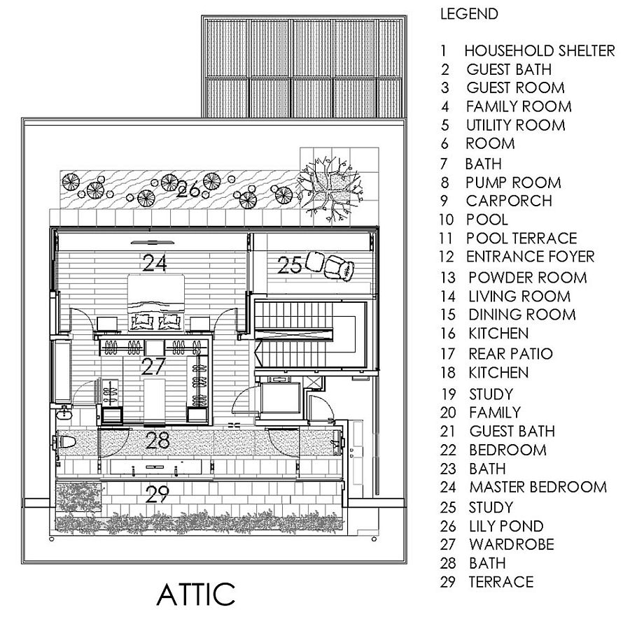 Floor plan of the attic level with Lily pond and master bedroom