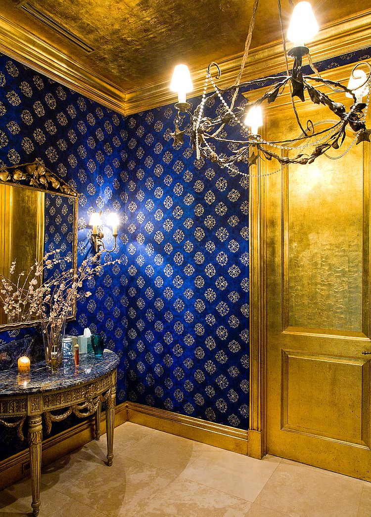 Glamorous powder room in blue and gold