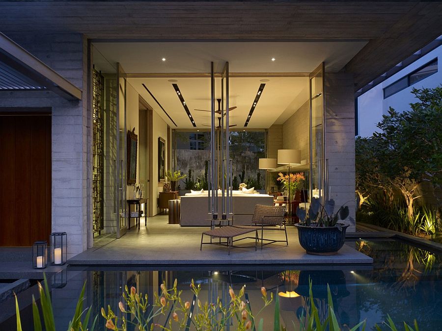 Gorgeous lighting adds to the beauty of the master bedroom with lily pond outside