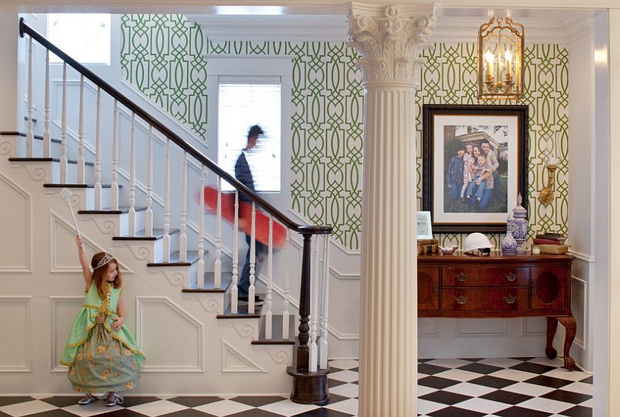 Blue Lotus Wallpaper on Staircase Wall  Transitional  Entrancefoyer