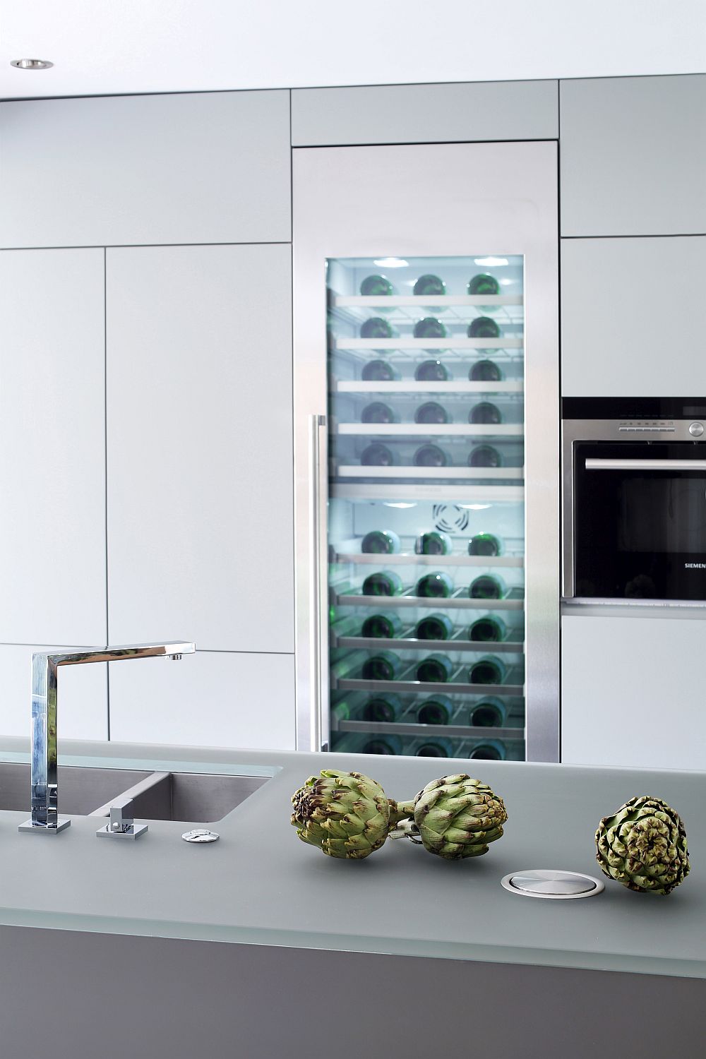 Gray frosted glass adds to the appeal of the kitchen