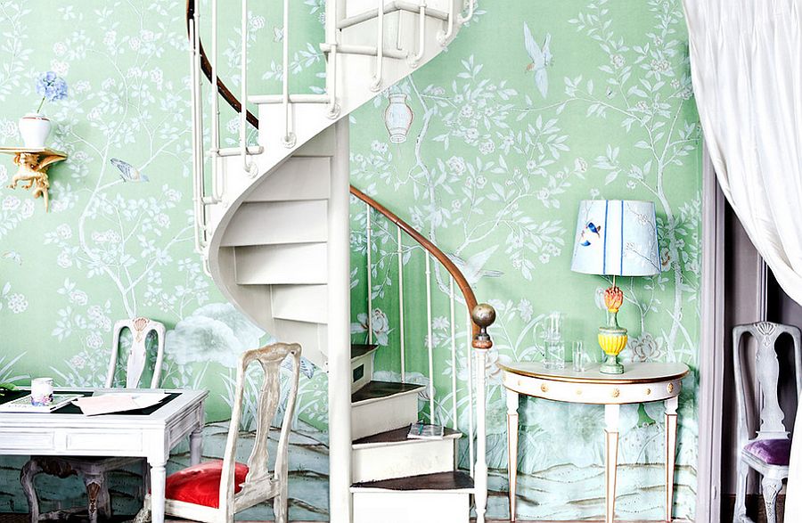 Hand painted wallpaper steals the show here