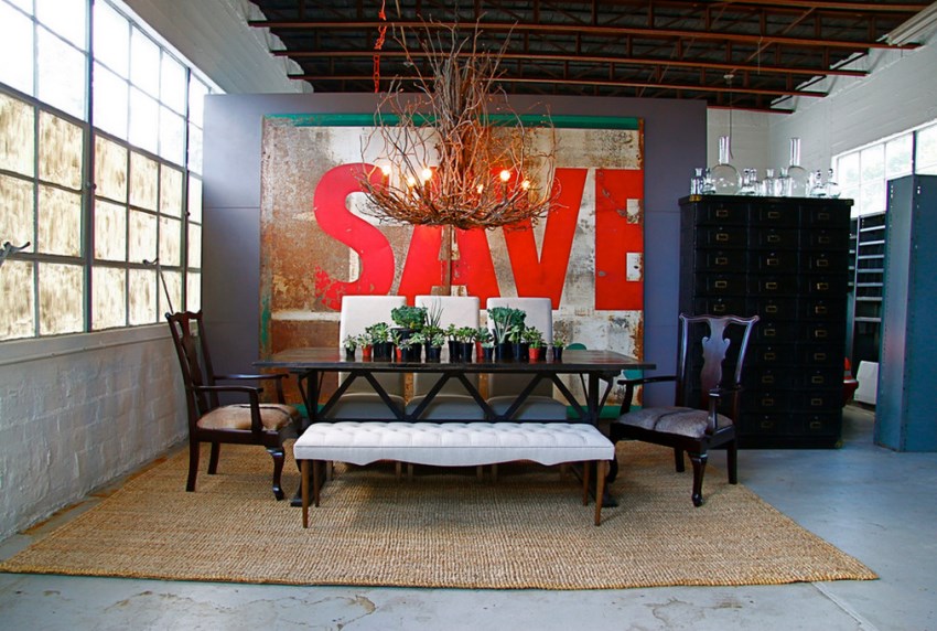 Industrial dining room with succulents on the table