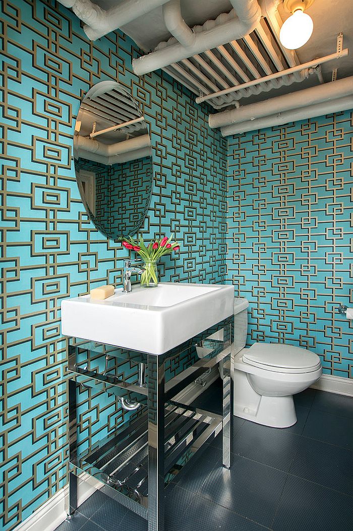 Industrial powder room with trendy wallpapered backdrop