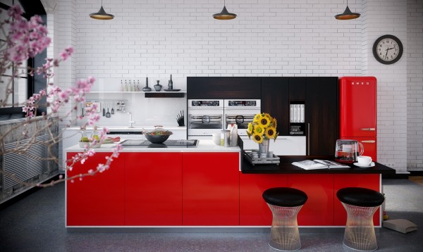 Imagine another set of cabinet fronts instead of the red here and you'll realize how much they change the feel of this kitchen