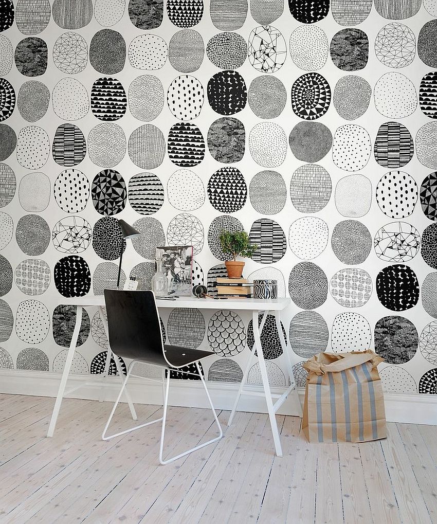 Lovely custom wall covering for the black and white home office [Design: Rebel Walls]