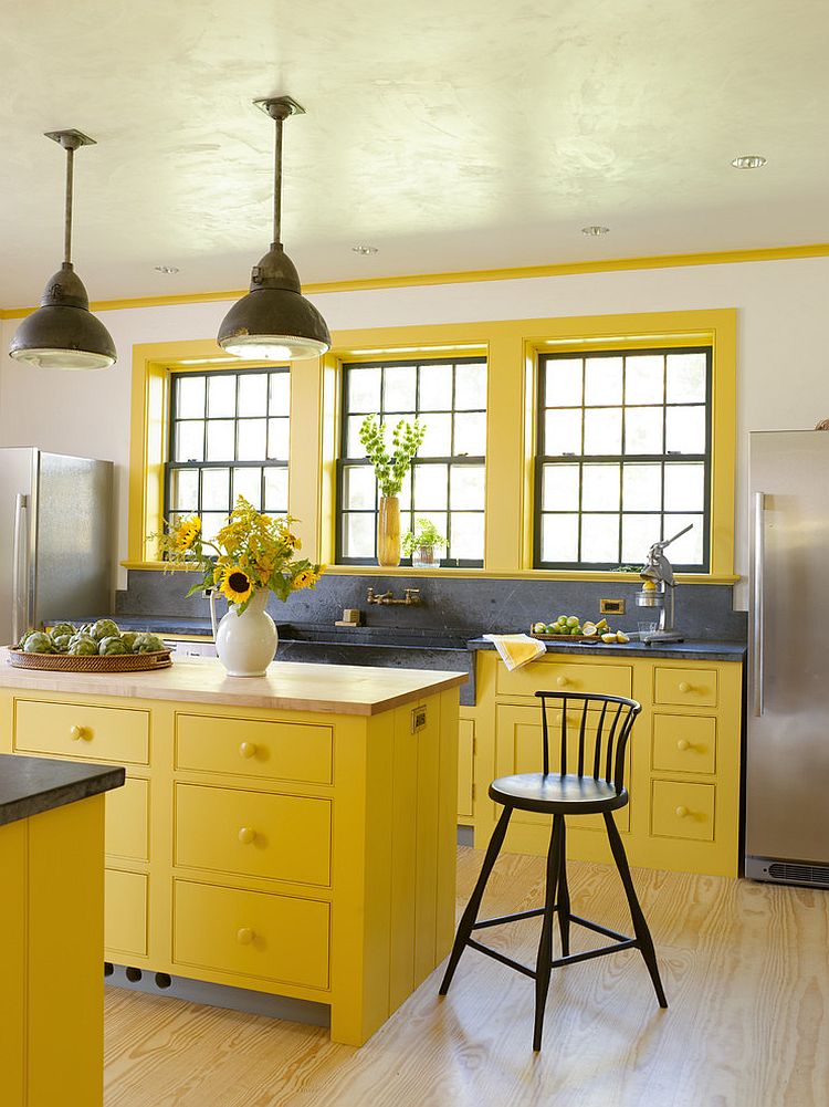 Lovely use of bright yellow in the farmhouse style kitchen [Design: Rafe Churchill: Traditional Houses]