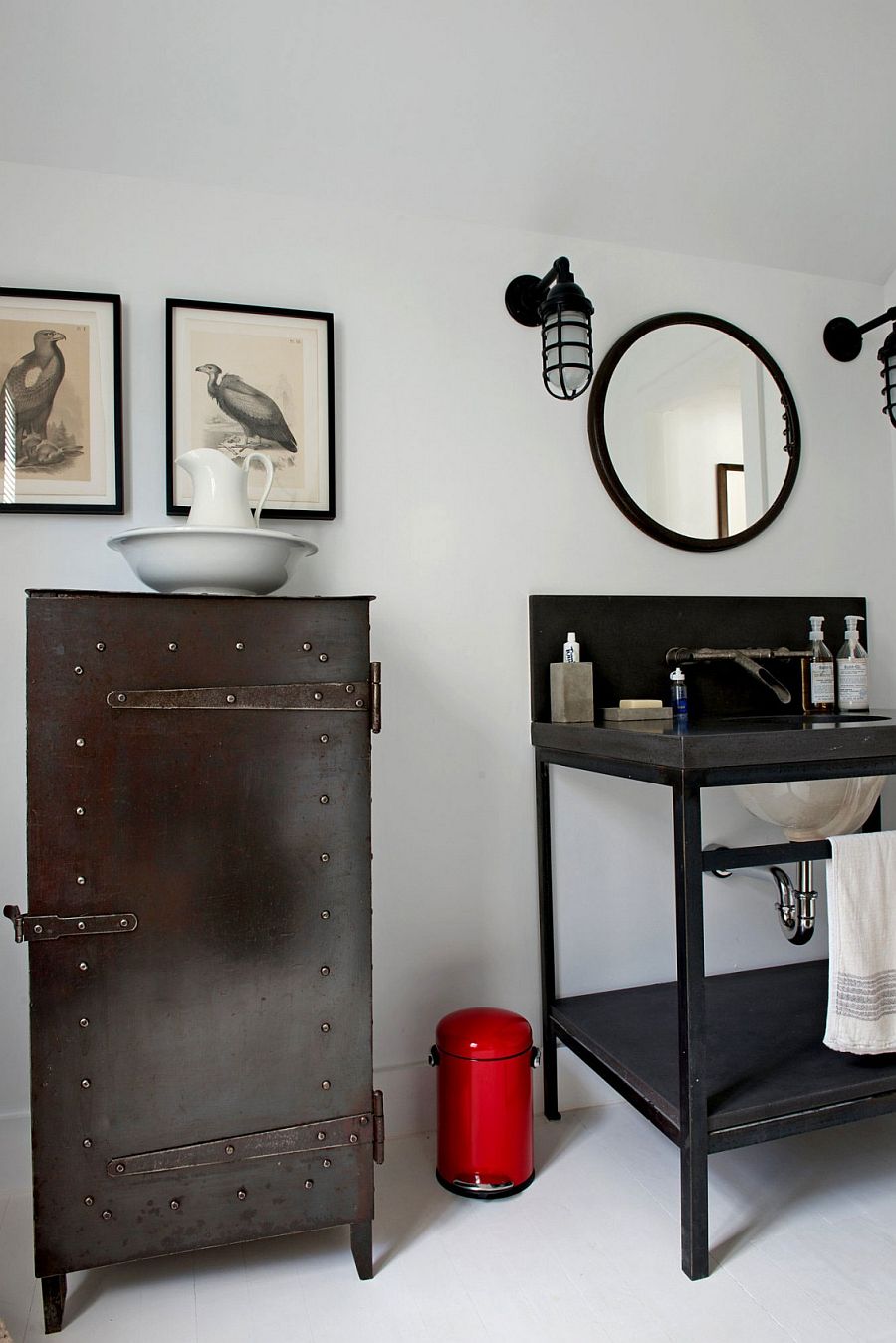 Metallic accessories and decor inside the rustic bathroom