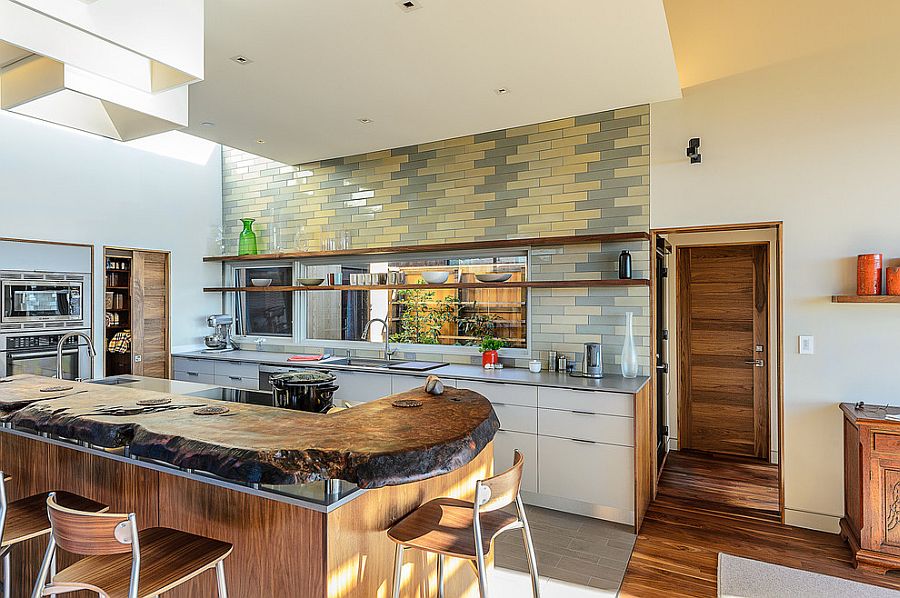 Midcentury kitchen with gray and yellow subway tiles