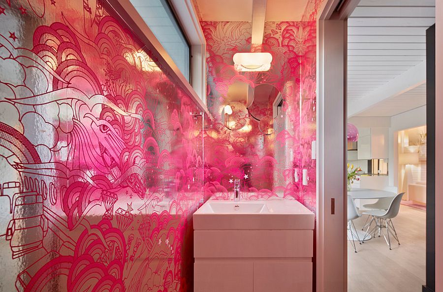 Midcentury powder room in fuchsia and silver [Design: Flegel's Construction]