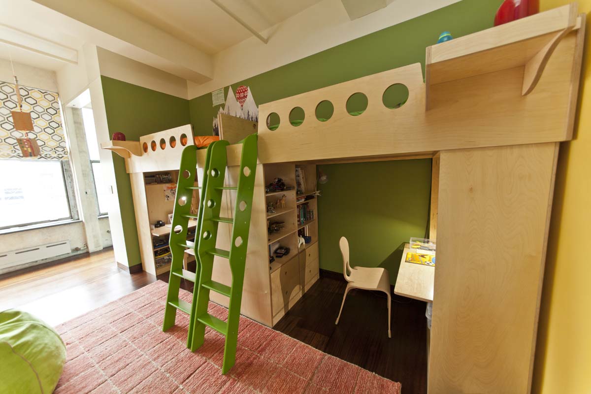 Mirrored loft beds in green room