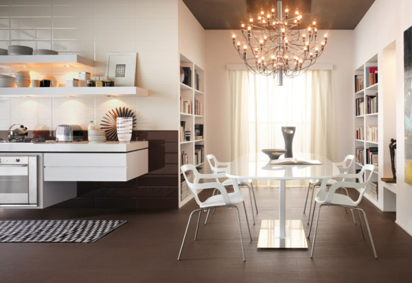 This contemporary kitchen gets a boost from a modern chandelier