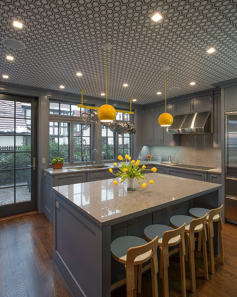 Pendants Bring Pops Of Yellow To The Classy Gray Kitchen 