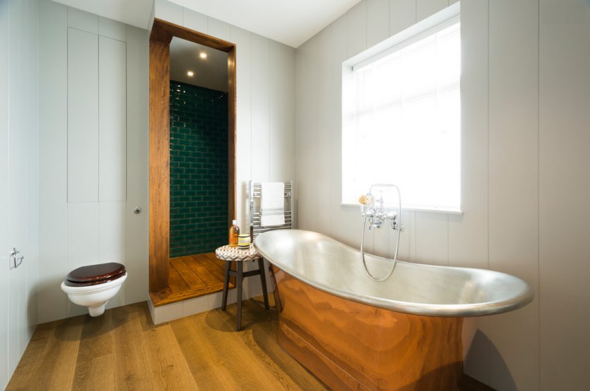 Powder room with a patterned stool