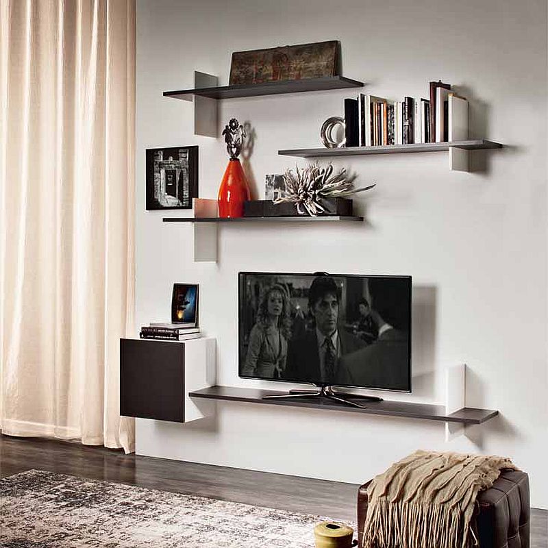 Sleek modern floating bookshelves designed by Philip Jackson