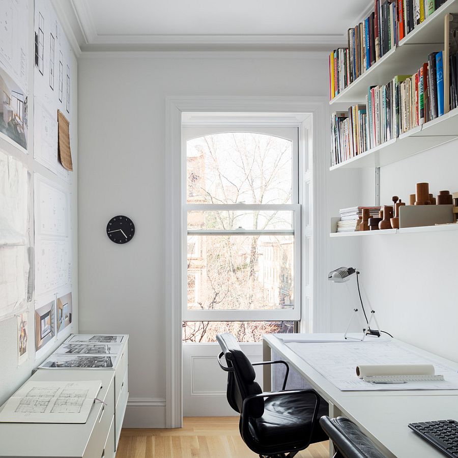 Small and narrow home office and study design with Scandinavian style