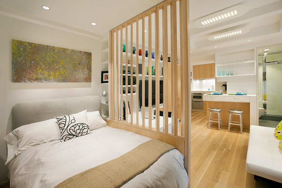 Smart Scandinavian bedroom of micro apartment in New York City [Design: Allen+Killcoyne Architects]