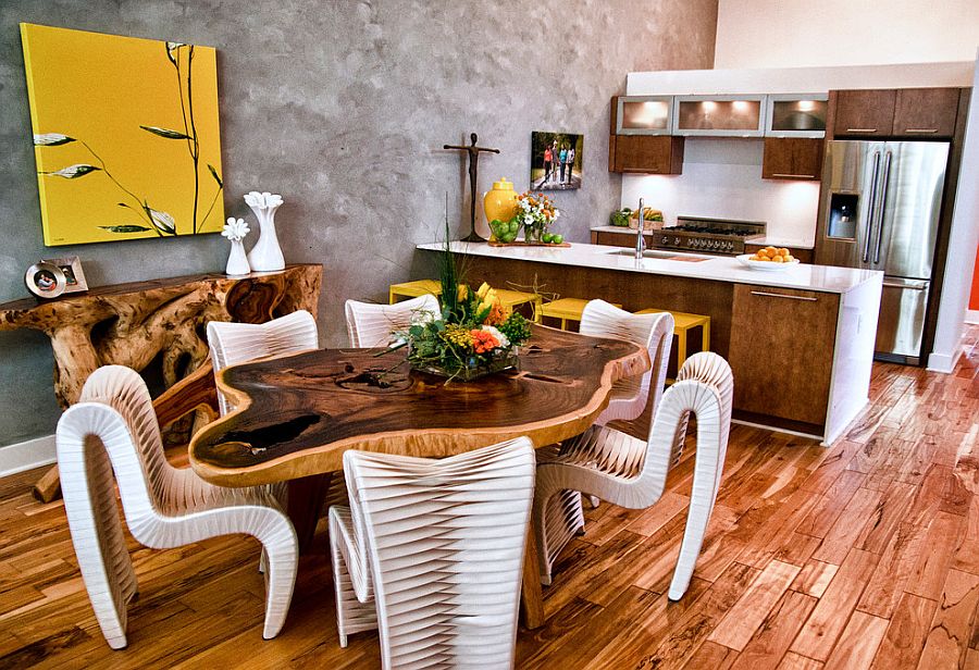 Unique gray backdrop and pops of yellow enliven this eclectic kitchen [From: Gallery Direct]