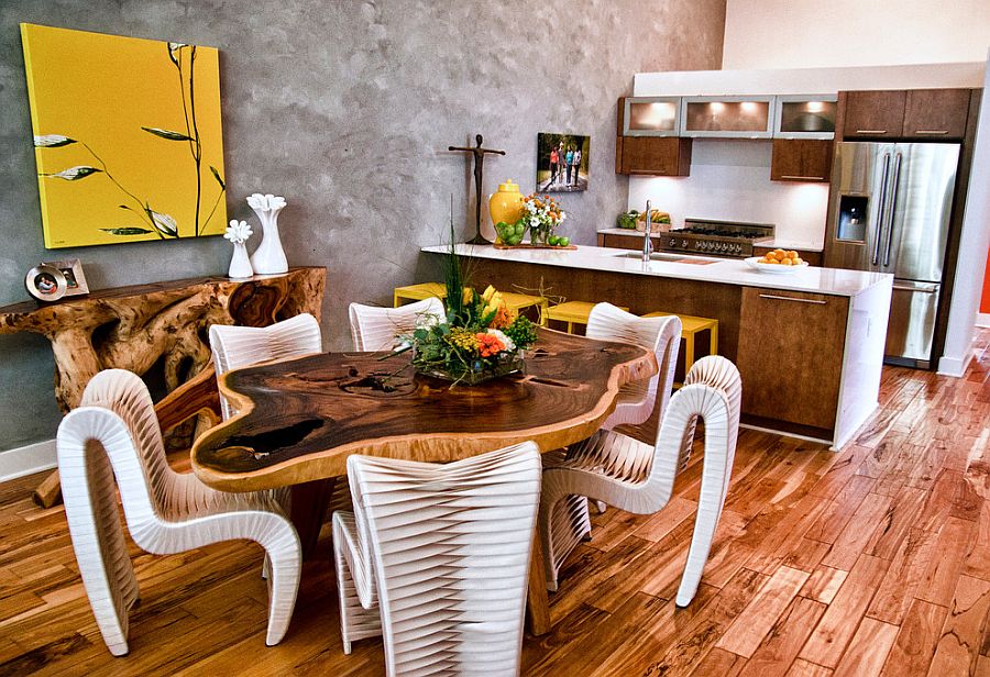 Unique gray backdrop and pops of yellow enliven this eclectic kitchen