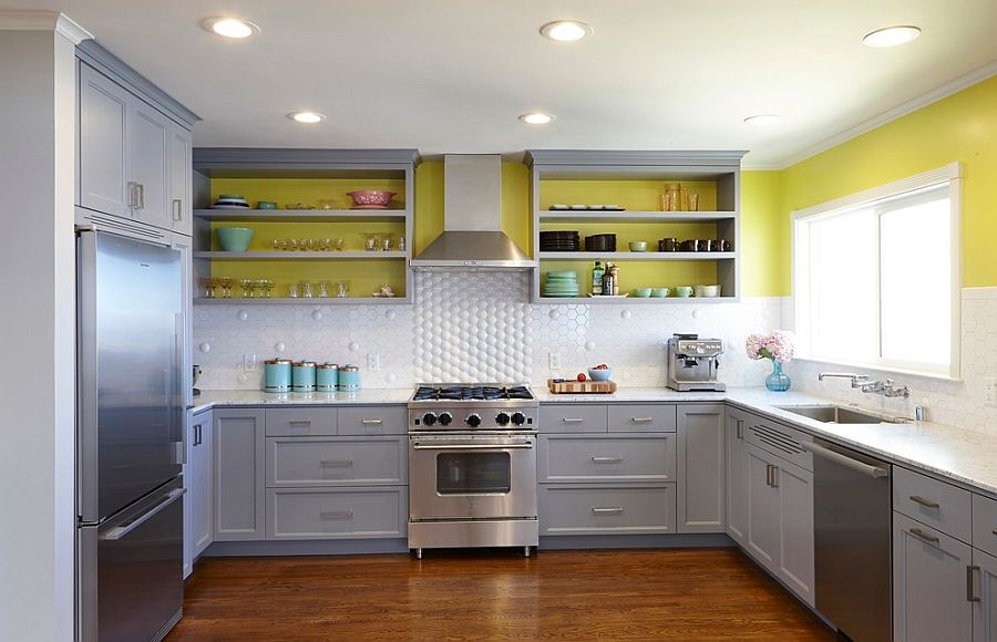 White, gray and sunny yellow in the modern kitchen [Design: Nerland Building & Restoration]