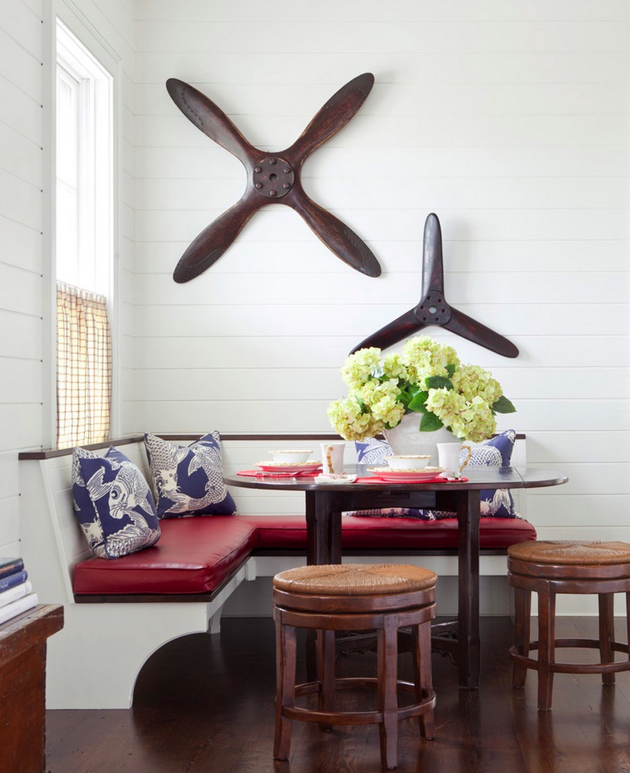 Woven stools in a nautical dining room