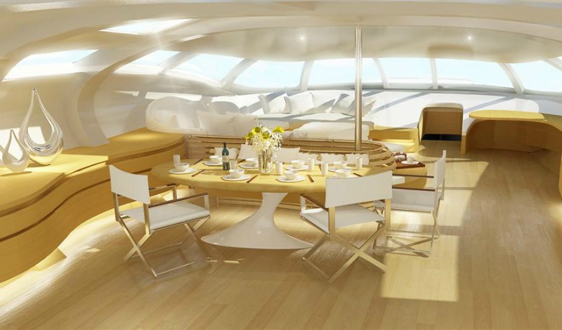 Noncharacteristic folding chairs make this yacht feel more homey