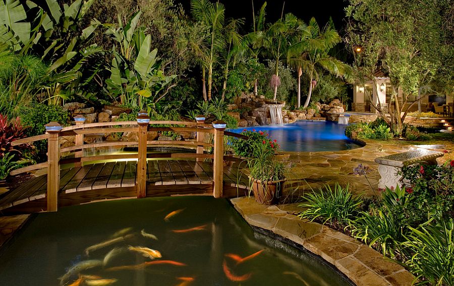 Arched Japanese-style bridges look great even in contemporary backyards